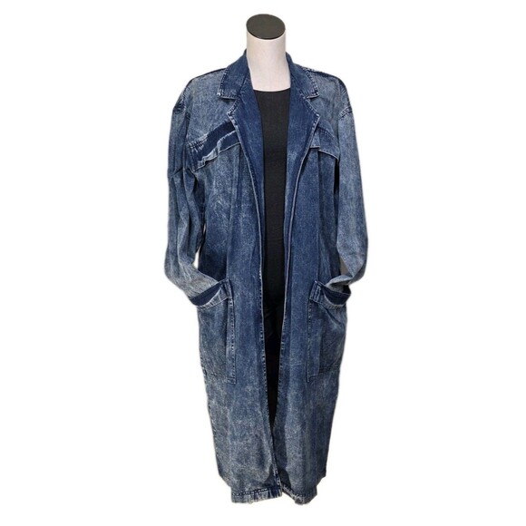 Matti O! Vintage 80s Acid Wash Denim Trench Coat Open Front Duster Women's Sz 16 - Picture 3 of 14